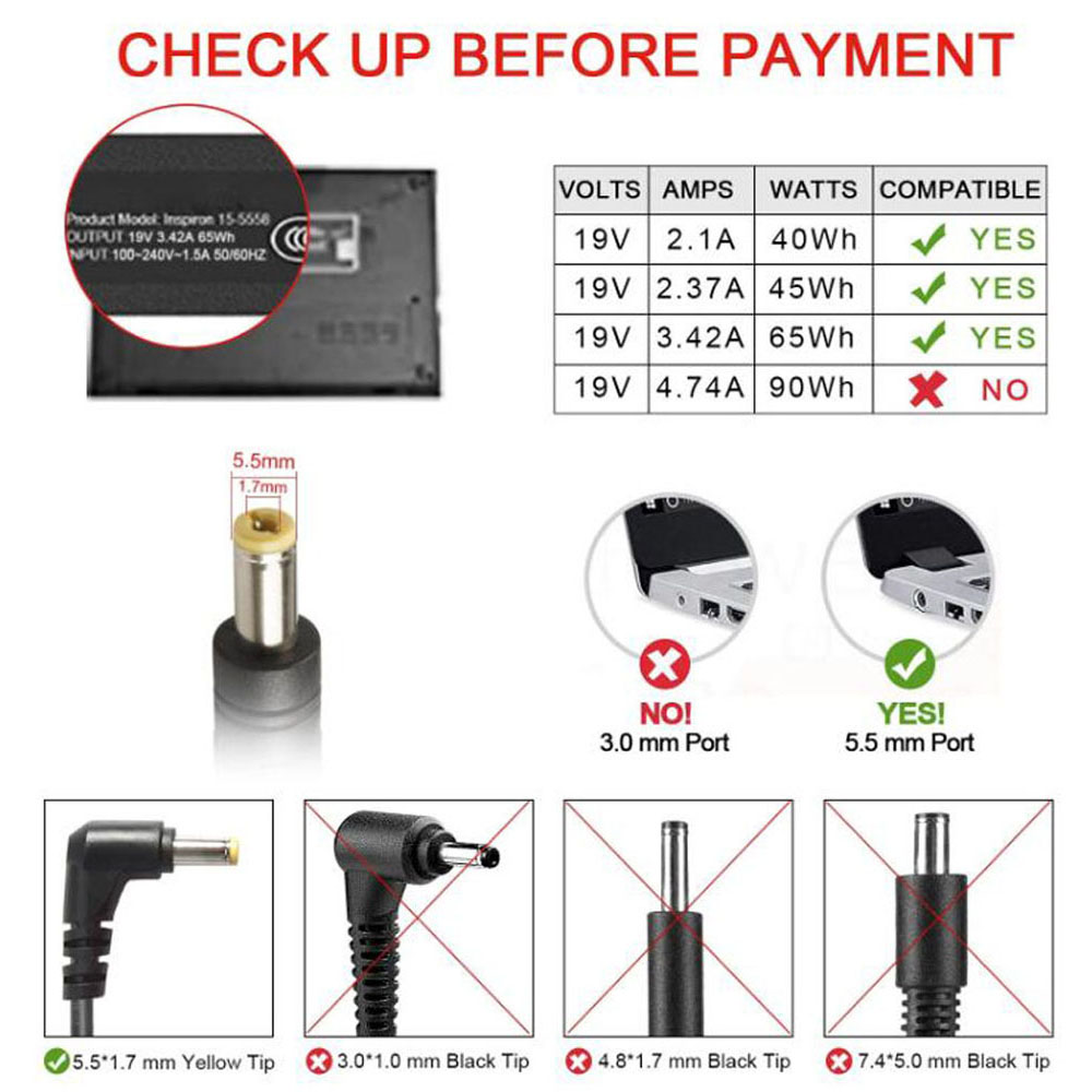 19V 3.42A 65W Acer 5.5mm 1.7mm AC Adapter Charger - Image 3