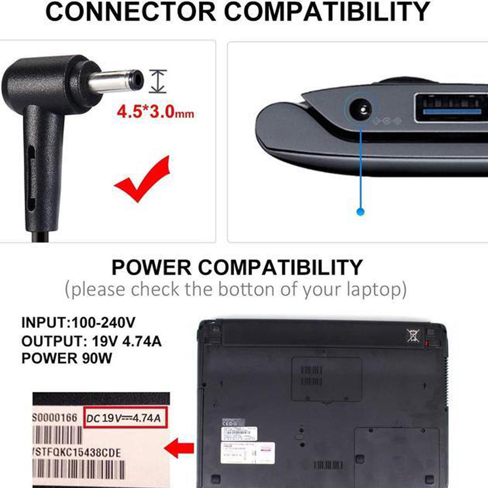 19V 4.74A 90W Asus 4.5mm 3.0mm AC Adapter Charger - Image 3